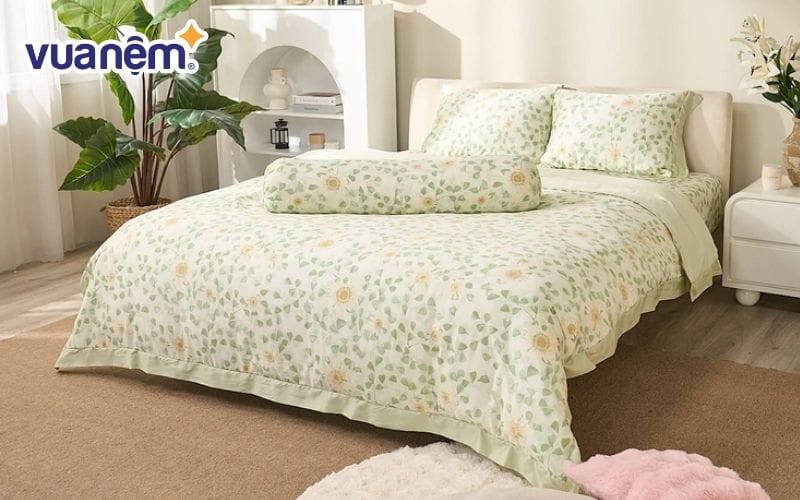 Bộ chăn ga gối màu xanh lá cây nhẹ nhàng, tươi mới được rất nhiều khách hàng lựa chọn