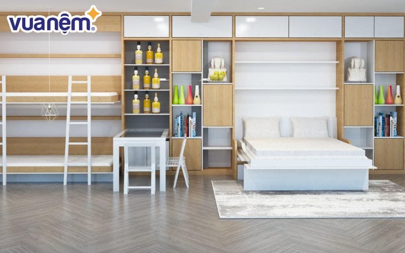 Giường gấp tường tích hợp bàn ăn và hệ tủ kệ đa năng