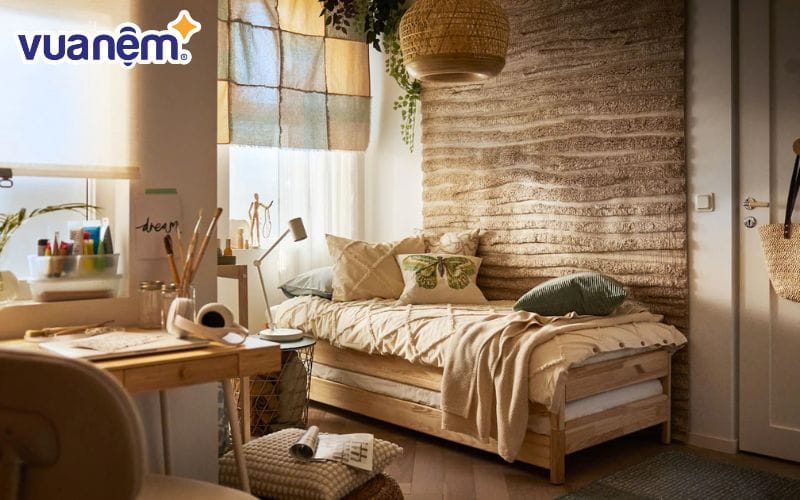 Ga giường màu trung tính rất phù hợp với phòng ngủ vintage