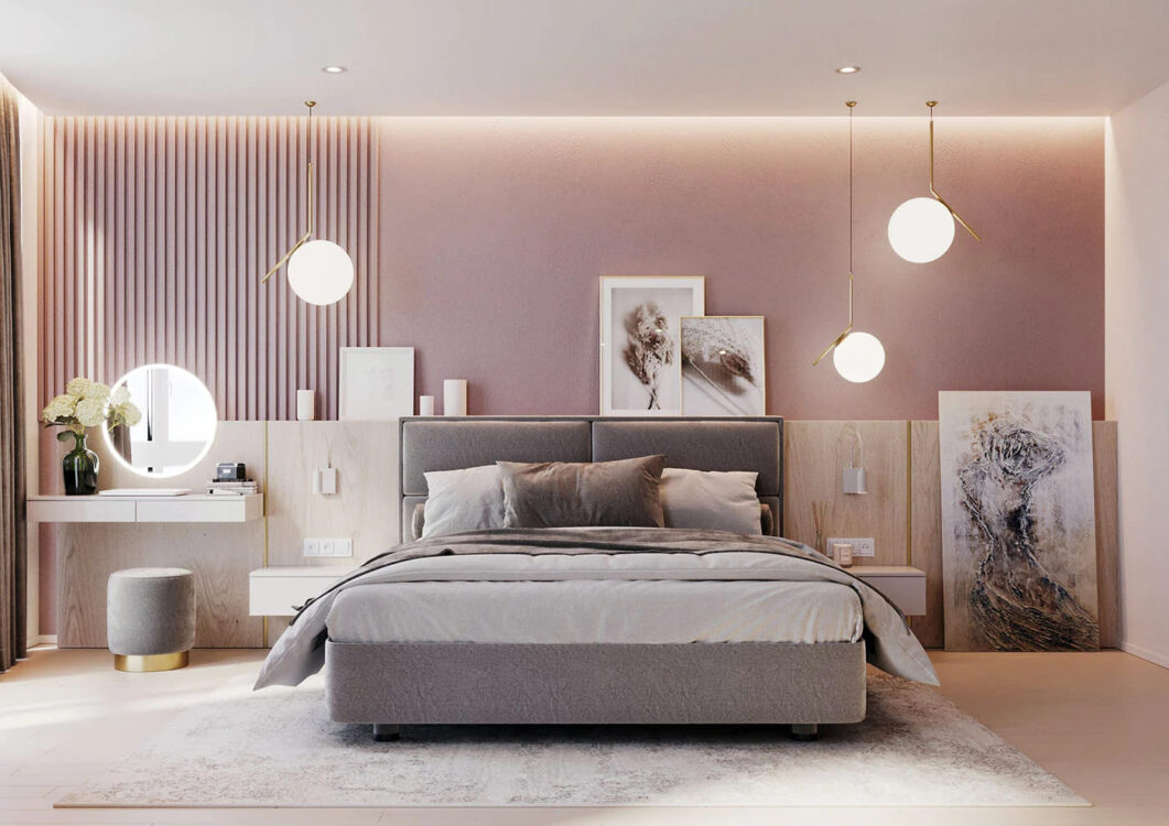 Lựa chọn ga giường màu xám cho phòng ngủ sơn tường màu hồng