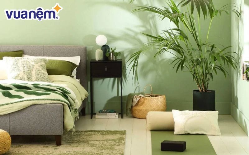 Tường xanh nhạt hoặc xanh pastel nên chọn ga giường màu gì?