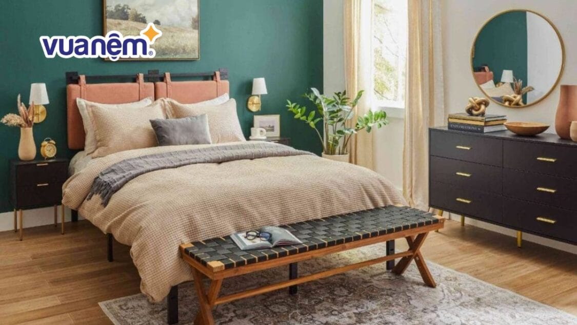 Tường màu xanh nên chọn ga giường màu gì cho hài hòa?