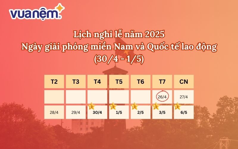 Lịch nghỉ Ngày Giải Phóng 30/4 và 01/5 năm 2025 sẽ kéo dài 05 ngày