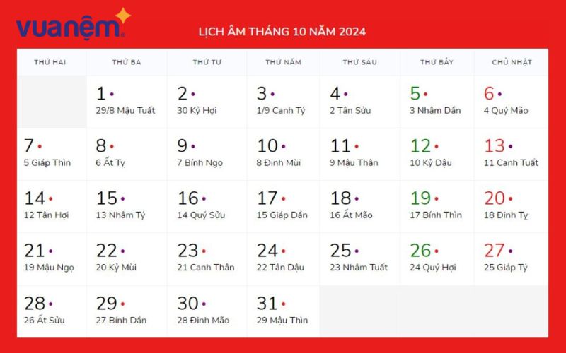 Lịch âm tháng 10 năm 2024