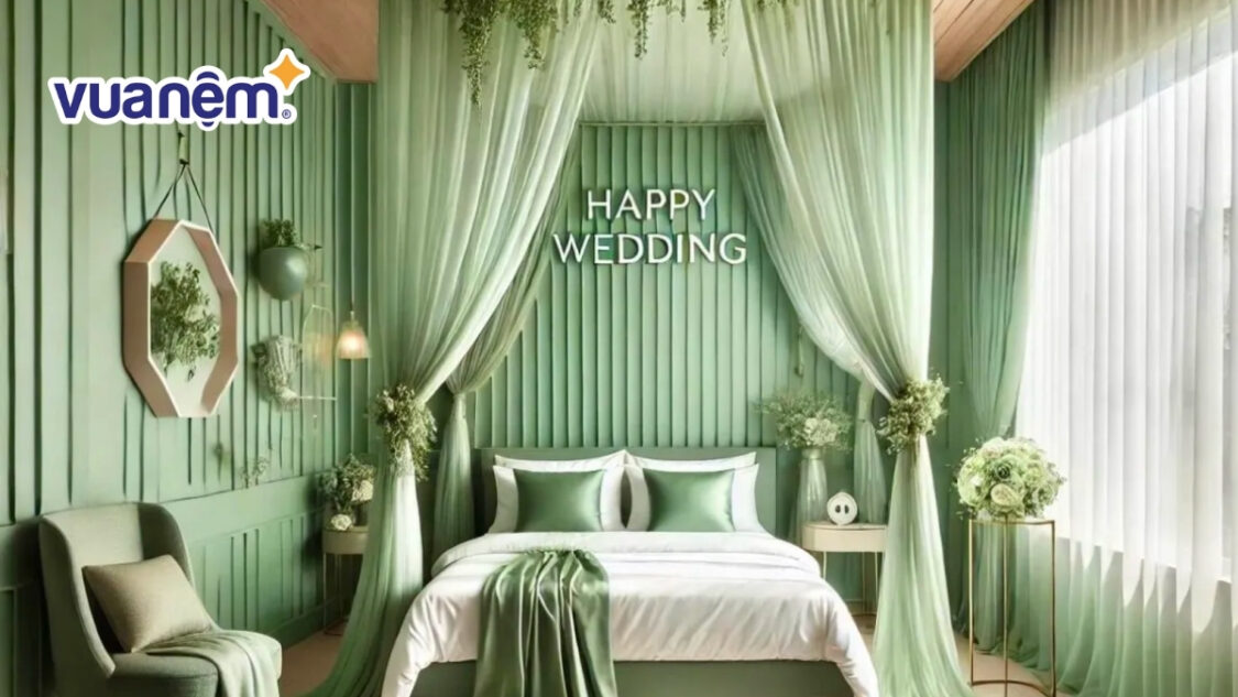 trang trí phòng cưới tông xanh