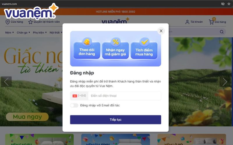 Giao diện khi đăng nhập vào website của Vua Nệm