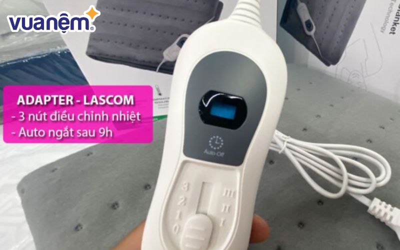 Nệm điện đơn Lascom với công năng 3 nút điều chỉnh, tự động ngắt điện sau 9h