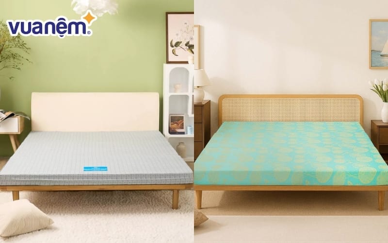 So sánh nệm bông ép (bên phải) và nệm PE (bên trái)