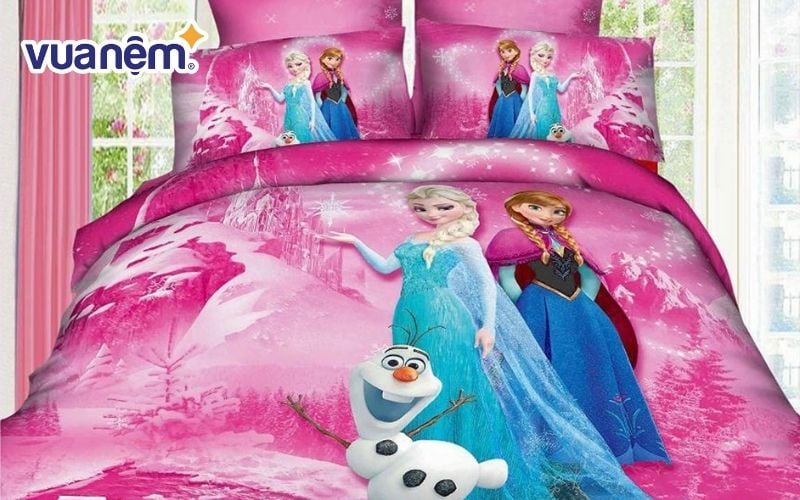 Chăn Elsa cho bé màu hồng họa tiết Elsa, Anna và Olaf