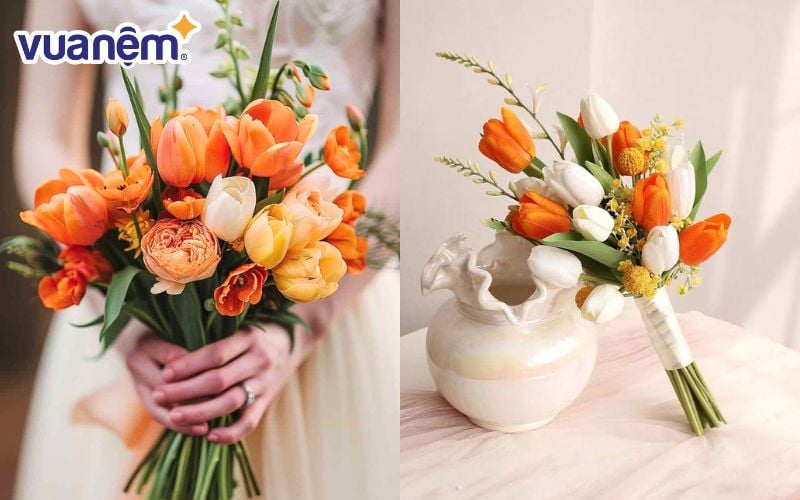 Hoa cưới cầm tay tông cam vàng phối từ tulip tượng trưng cho niềm vui và khởi đầu hạnh phúc