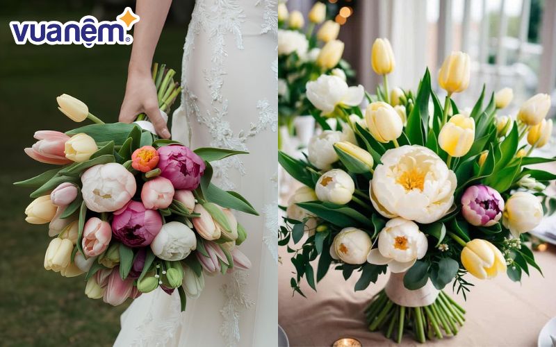 Vẻ đẹp thanh thoát, mềm mại của hoa cưới mẫu đơn phối cùng tulip