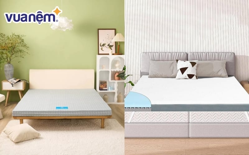 So sánh chi tiết nệm bông ép (bên phải) và nệm mút (bên trái)