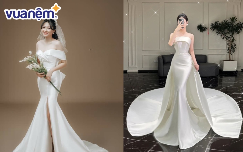 Váy cưới cho người mập dáng đuôi cá với chất liệu ren hoặc satin mềm mại mang đến vẻ đẹp cổ điển nhưng không kém phần hiện đại. 