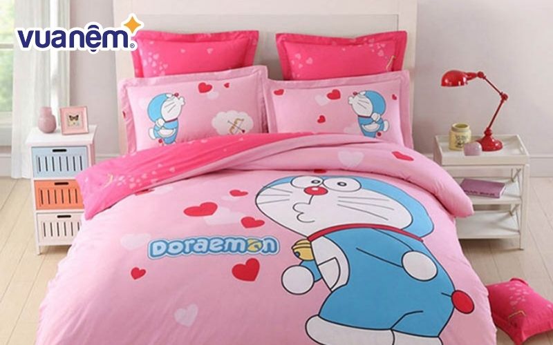 Vỏ chăn gối mèo ú Doremon màu hồng cho bé gái