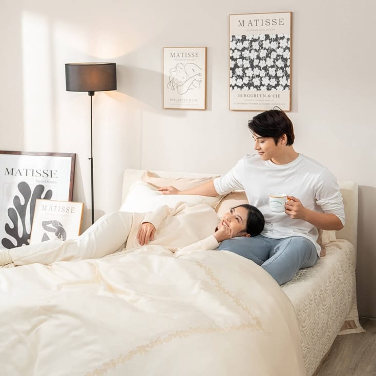 Bộ Chăn ga lụa tencel cao cấp Amando Soulmate 7 chi tiết màu Kem