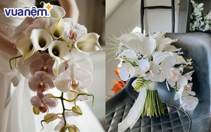 Lan hồ điệp mang ý nghĩa về sự chung thủy kết hợp với calla lily trong bó hoa cưới