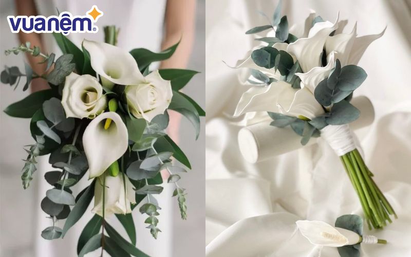 Vẻ đẹp hiện đại của bó hoa cưới Calla Lily phối cùng lá bạc (dusty miller)