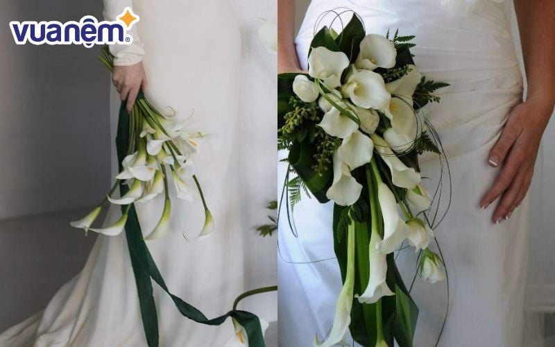 Tổng thể hài hòa và lôi cuốn của bó hoa cưới Calla Lily dáng thác đổ