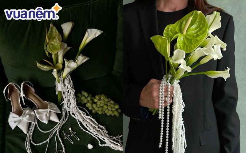 Mẫu hoa cưới sang trọng kết hợp từ Calla Lily, hoa hồng môn và ngọc trai