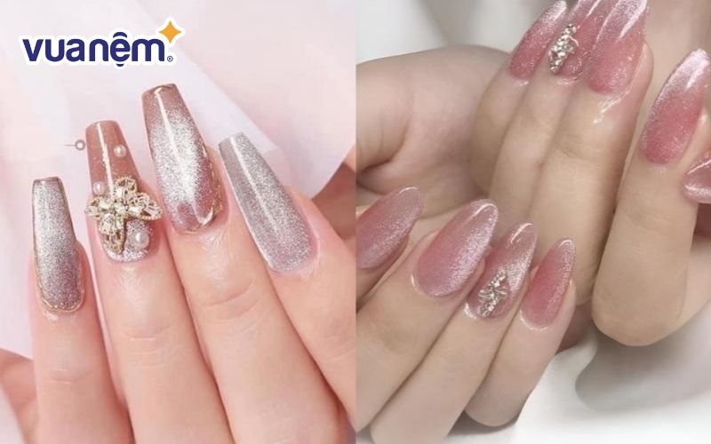 Bộ nail hồng mắt mèo cho cô dâu tinh tế và nổi bật