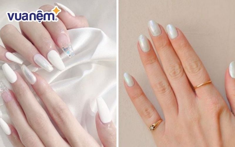 Mẫu nail đẹp cho cô dâu chụp ảnh cưới màu trắng trơn