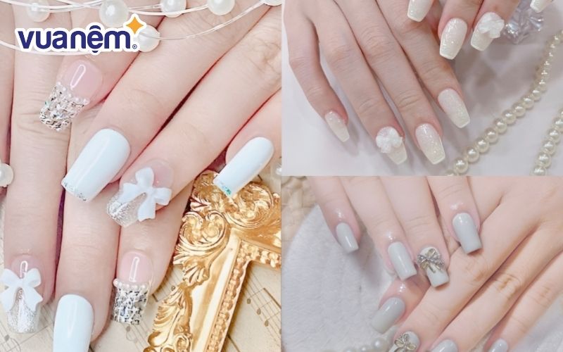 Mẫu nail cô dâu đính nơ trắng nổi bật và cuốn hút