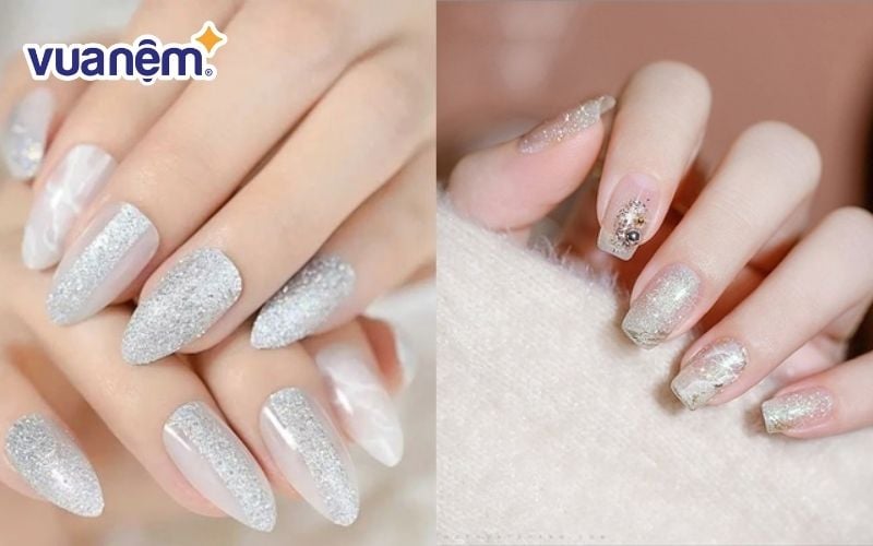 Mẫu nail cô dâu đính kim tuyến lấp lánh