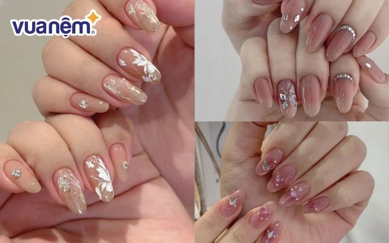 Nail cô dâu màu hồng phấn đính ngọc