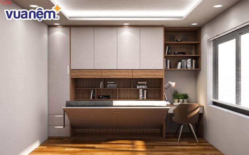 Giường gỗ đứng giấu trong tủ sách phù hợp cho những ai yêu thích sự thoáng đãng, thẩm mỹ cao