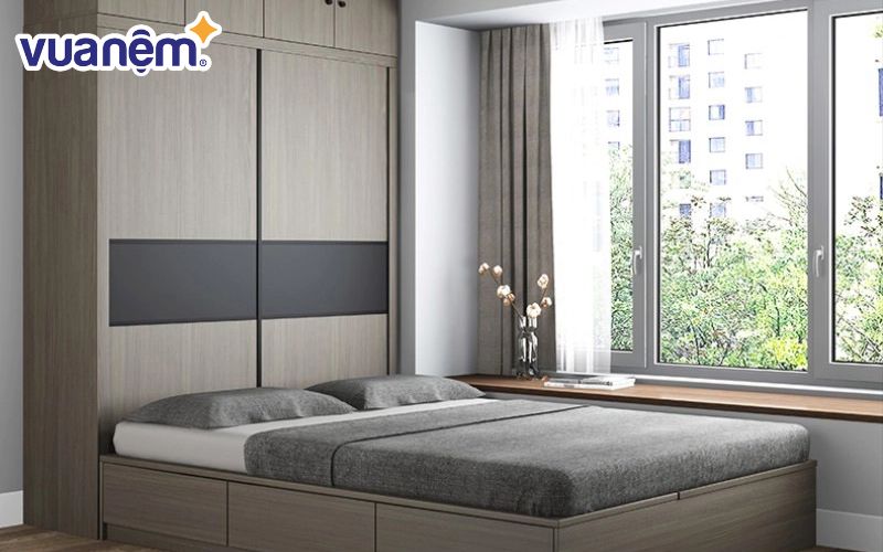 Giường ngăn kéo tích hợp tủ quần áo đầu giường dạng đứng tối giản nhưng hữu ích