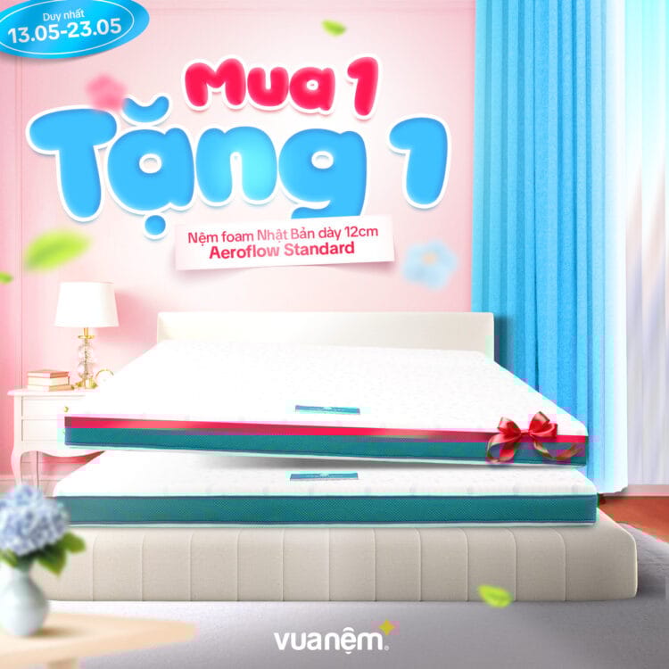 Nệm foam Nhật Bản Aeroflow Standard - Mua 1 Tặng 1