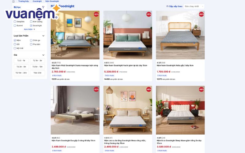 Goodnight cung cấp đa dạng các dòng sản phẩm nệm bao gồm: nệm foam, nệm lò xo, nệm Hybrid