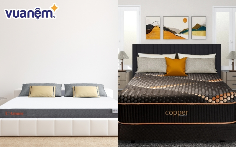 So sánh nệm foam Amando (bên trái) với nệm foam Spring Air (bên phải)