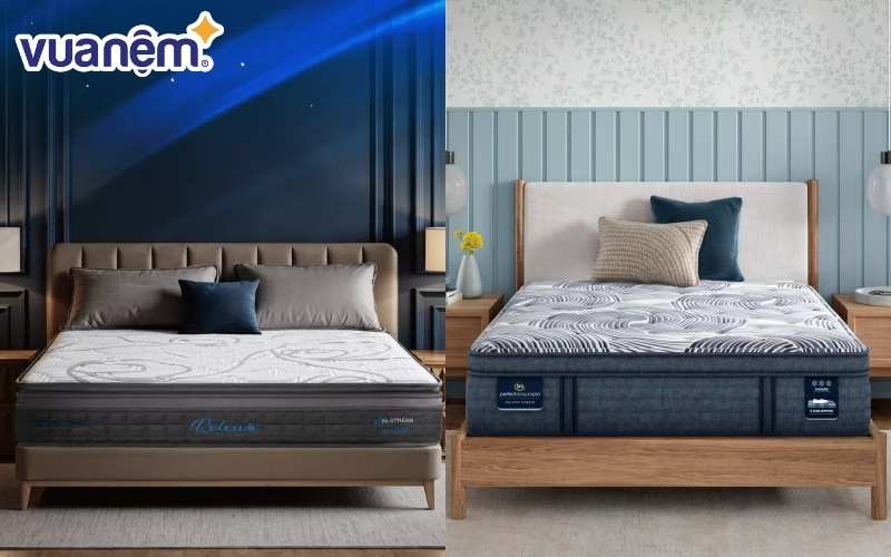 So sánh nệm lò xo Dunlopillo (bên trái) và nệm lò xo Serta (bên phải)