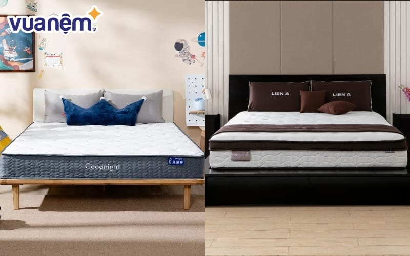 So sánh nệm lò xo Goodnight (bên phải) với nệm lò xo Liên Á (bên trái)