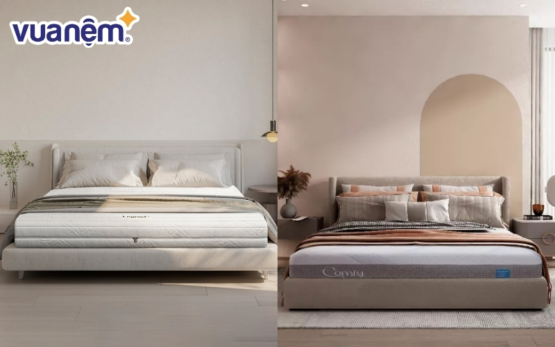 So sánh nệm cao su Gummi (bên trái) và nệm foam iComfy (bên phải)