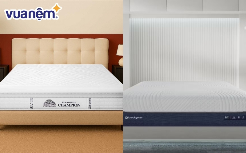 So sánh nệm lò xo Kim Cương (bên trái) và nệm lò xo Bedgear (bên phải)