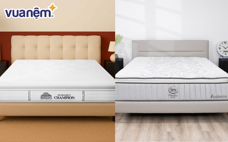 So sánh nệm lò xo Kim Cương (bên trái) và nệm lò xo Serta (bên phải)