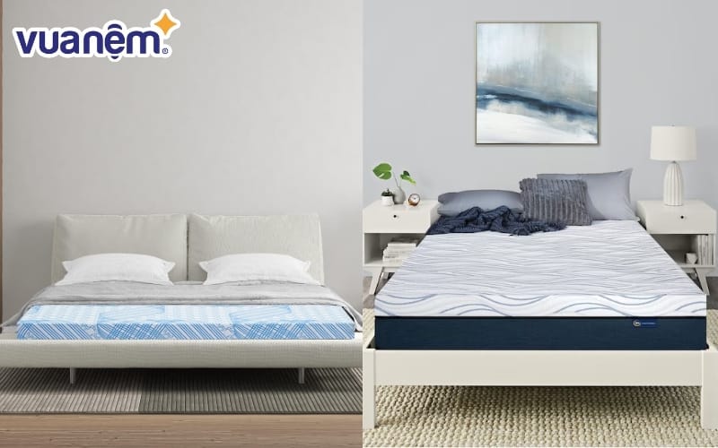 So sánh nệm đa tầng Kim Cương (bên trái) và nệm đa tầng Serta (bên phải)