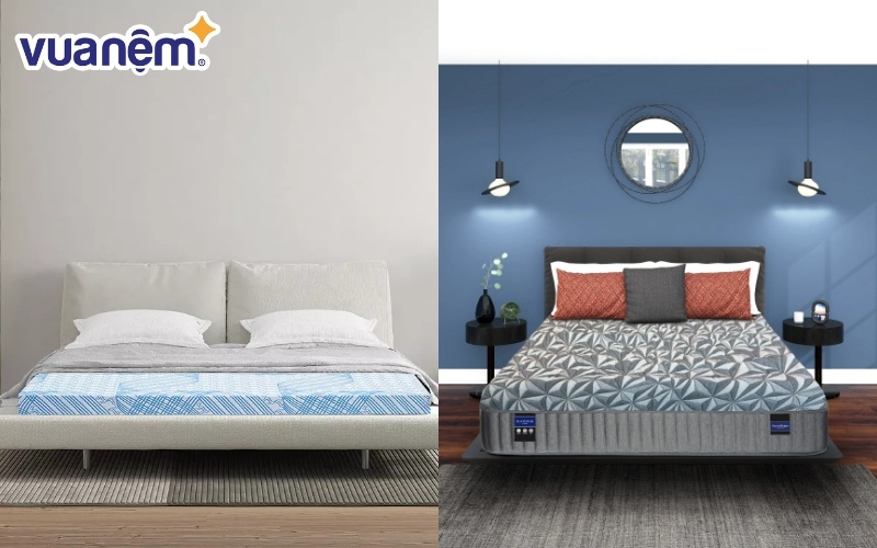 So sánh nệm đa tầng Kim Cương (bên trái) và nệm đa tầng Spring Air (bên phải)