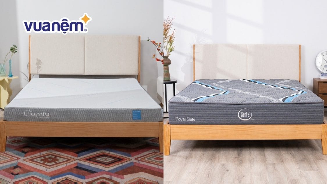 So sánh nệm Serta và nệm iComfy: Nệm nào đáng tiền hơn? Serta và iComfy đều là những thương hiệu có tiếng trong ngành nệm hiện nay. Mỗi hãng đều có thế mạnh đặc biệt riêng của mình. Việc so sánh nệm Serta và nệm iComfy sẽ giúp bạn có cái nhìn rõ ràng hơn, từ đó chốt được mẫu nệm ưng ý nhất. 1. Đôi nét về thương hiệu Serta và iComfy Nếu Serta gắn liền với bề dày lịch sử và công nghệ hiện đại. Thì iComfy ghi điểm với khách hàng nhờ sự thiết kế trẻ trung, cùng giá thành rẻ. Hãy cùng Vua Nệm khám phá đôi nét về hai hãng nệm này nhé! 1.1. Serta Serta, ra đời năm 1931, là một trong những nhà sản xuất nệm lớn nhất thế giới và hiện thuộc Serta Simmons Bedding – tập đoàn hàng đầu tại Bắc Mỹ trong lĩnh vực giấc ngủ. Thương hiệu này nổi bật với tinh thần không ngừng đổi mới, từ việc tiên phong tạo ra nệm “tuftless” đầu tiên cho đến phát triển công nghệ gel memory foam giúp tăng độ êm ái và giảm áp lực. Các dòng sản phẩm tiêu biểu gồm Perfect Sleeper cùng nhiều thương hiệu cao cấp khác như Serta® và Beautyrest®. Serta duy trì tiêu chuẩn chất lượng nghiêm ngặt, có tỷ lệ hoàn trả sản phẩm thấp, đồng thời cam kết phát triển bền vững thông qua quy trình tiết kiệm năng lượng, tái chế vật liệu và sử dụng gỗ từ rừng được chứng nhận. 1.2. iComfy Ra đời với mục tiêu nâng tầm giấc ngủ cho người Việt, iComfy tập trung vào việc phát triển các dòng nệm Foam ứng dụng công nghệ mới và vật liệu cải tiến. Thương hiệu này định vị mình ở phân khúc hiện đại, chú trọng đến sự thoải mái và lợi ích sức khỏe lâu dài. Điểm khác biệt của iComfy nằm ở quá trình nghiên cứu và thiết kế được dẫn dắt bởi những chuyên gia giàu kinh nghiệm. Sản phẩm của iComfy còn ghi điểm với người tiêu dùng nhờ chất liệu phù hợp với khí hậu nóng ẩm, thói quen sinh hoạt và nhu cầu chăm sóc sức khỏe đặc thù của người Việt. Hiện iComfy có hai dòng nệm best-seller đó là Cloud và Lux. Mỗi dòng đều tích hợp khả năng kháng khuẩn, điều hòa nhiệt độ và hỗ trợ nâng đỡ cơ thể, mang lại trải nghiệm giấc ngủ cân bằng giữa sự thoải mái và tính an toàn cho sức khỏe. 2. So sánh từ A-Z nệm Serta và nệm iComfy Chọn nệm để nâng niu giấc ngủ đôi khi cũng giống như chọn một “người bạn đồng hành” vậy. Nệm Serta và nệm iComfort đều có những ưu điểm riêng, từ thiết kế đến công nghệ, khiến nhiều người băn khoăn không biết nên chọn bên nào. Cùng so sánh một chút để xem “ứng cử viên” nào sẽ phù hợp nhất. Tiêu chí Nệm Serta Nệm iComfy Dòng sản phẩm chính Các dòng foam cao cấp như iComfort và iComfortPro, hướng đến trải nghiệm giấc ngủ hiện đại với tiêu chuẩn quốc tế. Đa dạng hơn với nhiều dòng như Cloud, Coolax và Lux, mỗi dòng nhấn mạnh một tính năng như thoáng mát, kháng khuẩn hoặc nâng đỡ cơ thể. Trải nghiệm nổi bật Mang lại sự êm ái, nâng đỡ chắc chắn và cảm giác ổn định trong suốt giấc ngủ; phù hợp cho người thích sự sang trọng và thoải mái lâu dài. Cân bằng giữa độ êm và độ cứng, ôm sát cơ thể, hỗ trợ tốt cho cột sống; ngoài ra còn chú trọng đến sự vệ sinh và thoáng khí, phù hợp với khí hậu nhiệt đới. Khả năng làm mát Giúp duy trì nhiệt độ giấc ngủ ở mức dễ chịu, hạn chế tình trạng nóng bí, đặc biệt phù hợp với môi trường sử dụng điều hòa. Thiết kế thoáng khí và điều hòa nhiệt tốt, giúp giảm cảm giác hầm nóng, phù hợp hơn với thời tiết nóng ẩm tại Việt Nam. Khả năng kháng khuẩn Không phải là điểm mạnh nổi bật, thương hiệu chủ yếu tập trung vào độ thoải mái và công nghệ hỗ trợ giấc ngủ. Được tích hợp khả năng kháng khuẩn và chống nấm mốc, tạo môi trường ngủ sạch sẽ và an toàn hơn cho sức khỏe. Độ bền Tuổi thọ trung bình từ 8–10 năm, ít bị xẹp lún nhờ quy trình sản xuất và chất liệu cao cấp. Độ bền khá tốt, trung bình từ 6–8 năm; tuy nhiên cần bảo quản đúng cách để tránh ảnh hưởng từ độ ẩm. Nhược điểm Giá thành cao, một số mẫu có độ êm sâu có thể không phù hợp với người thích nệm cứng; hướng đến phân khúc cao cấp. Thương hiệu mới, độ nhận diện chưa rộng; ít lựa chọn về độ cứng ở một số dòng, có thể chưa đáp ứng hết nhu cầu đa dạng. 3. Ai nên nằm nệm Serta, iComfy? Nệm Serta phù hợp với những ai tìm kiếm sự cao cấp, bền bỉ và hỗ trợ cơ thể tối ưu. Với lịch sử lâu đời, sản phẩm của Serta mang lại cảm giác êm ái, giảm áp lực và giữ giấc ngủ ổn định. Đây là lựa chọn lý tưởng cho người thường bị đau lưng, vai hoặc muốn một chiếc nệm gắn bó lâu dài. Tuy nhiên, giá thành cao khiến Serta chủ yếu hợp với khách hàng ưu tiên thương hiệu và chất lượng quốc tế. Trong khi đó, nệm iComfy được thiết kế phù hợp với khí hậu nhiệt đới và nhu cầu thực tế của người Việt. Ưu điểm của iComfy nằm ở khả năng thoáng mát, kháng khuẩn và chống nấm mốc, rất thích hợp cho gia đình có trẻ nhỏ hoặc người có làn da nhạy cảm. Với mức giá dễ tiếp cận và nhiều dòng sản phẩm đa dạng, iComfy là lựa chọn cân bằng giữa chi phí hợp lý và trải nghiệm giấc ngủ thoải mái. 4. Mua nệm Serta, iComfy ở đâu chất lượng tốt, bảo hành đầy đủ? Vua Nệm là hệ thống cửa hàng bán nệm uy tín hàng đầu tại Việt Nam, nơi bạn có thể dễ dàng tìm thấy các thương hiệu nổi tiếng như Serta và iComfy cùng hàng loạt sản phẩm chăm sóc giấc ngủ chất lượng khác. Với mạng lưới phủ rộng toàn quốc, không khó để bạn ghé thăm một cửa hàng gần nhất, trải nghiệm trực tiếp và lựa chọn chiếc nệm phù hợp nhất cho mình. Đây không chỉ là nơi bán nệm, mà còn là điểm đến mang đến cho khách hàng sự an tâm, tiện lợi và nhiều giá trị cộng thêm trong hành trình tìm kiếm giấc ngủ trọn vẹn. Lý do nên ghé qua Vua Nệm mua sắm: Dịch vụ chăm sóc khách hàng được chú trọng từ A đến Z, từ tư vấn tận tình, giao hàng nhanh chóng cho đến hỗ trợ đổi trả, mang lại cảm giác yên tâm và thoải mái khi mua sắm. Cam kết sản phẩm chính hãng với đầy đủ giấy tờ về nguồn gốc, chất lượng rõ ràng, giúp khách hàng hoàn toàn tin tưởng khi lựa chọn. Chương trình sale diễn ra thường xuyên với nhiều mức giảm giá hấp dẫn, kèm quà tặng và chính sách riêng cho hội viên ÊM Club, giúp trải nghiệm mua sắm thêm phần thú vị và tiết kiệm. Hệ thống cửa hàng phủ sóng rộng khắp cả nước với hơn 160 điểm bán, từ thành phố đến nông thôn, tạo điều kiện thuận lợi để khách hàng dễ dàng tiếp cận sản phẩm. Chính sách dùng thử lên đến 120 ngày, cho phép khách hàng trải nghiệm ngay tại nhà và thoải mái đổi nếu chưa hài lòng, một điểm khác biệt giúp Vua Nệm tạo dựng niềm tin bền vững. Kho sản phẩm đa dạng từ nhiều thương hiệu trong và ngoài nước, không chỉ có Serta, iComfy mà còn nhiều lựa chọn khác như Spring Air, Tempur, Liên Á, Amando…, đáp ứng mọi phong cách và ngân sách. So sánh nệm Serta và nệm iComfy không chỉ giúp phân biệt hai thương hiệu mà còn làm cho việc lựa chọn nệm phù hợp với nhu cầu của bản thân trở nên dễ dàng hơn. Hy vọng qua những thông tin tổng hợp này, các bạn sẽ chốt được cho mình sản phẩm ưng ý nhất.