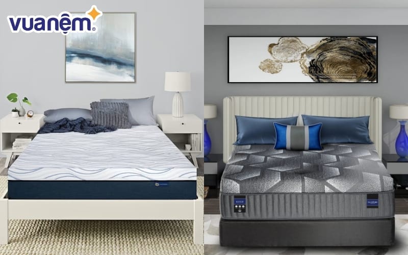 So sánh nệm hybrid Serta (bên trái) và nệm hybrid Spring Air (bên phải)
