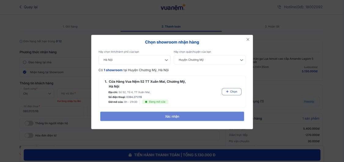 Thanh toán và chọn hình thức nhận hàng tại showroom