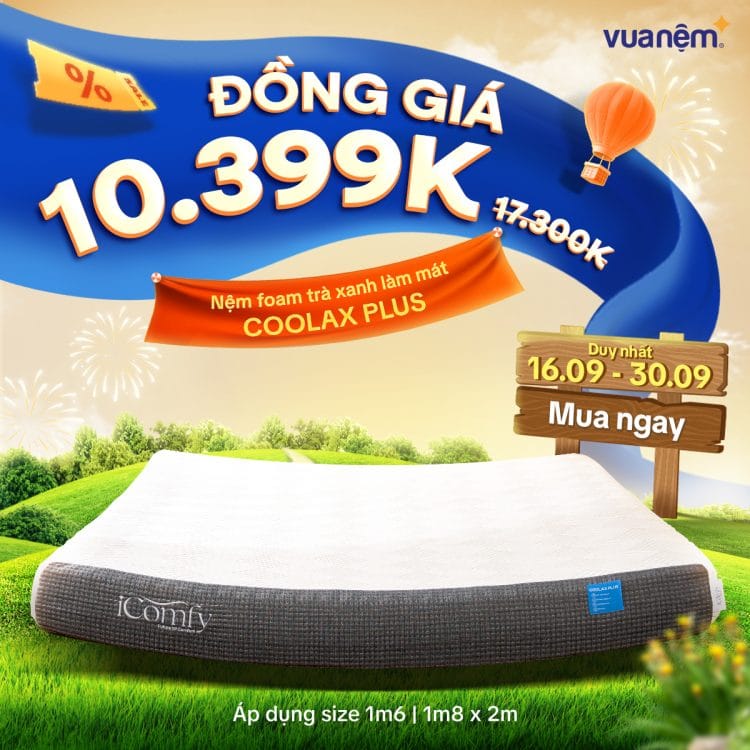 Nệm foam trà xanh làm mát iComfy Coolax Plus đồng giá 10.399k