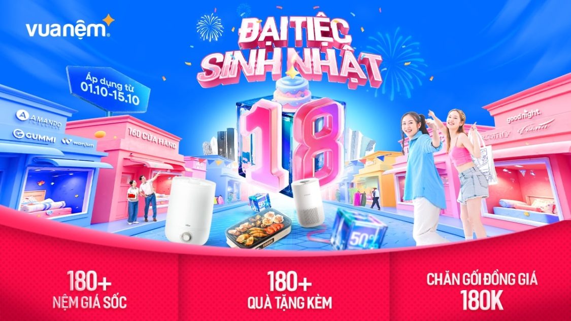 Đại Tiệc Sinh Nhật 18+: 1800+ Nệm Giá Sốc - 180+ Quà Tặng Kèm