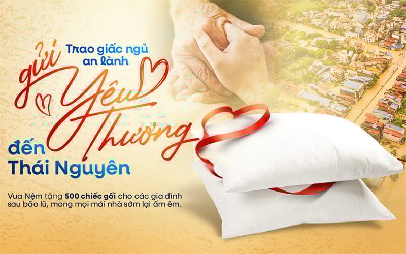 Hưởng ứng tinh thần hỗ trợ đồng bào vùng lũ lụt tại Thái Nguyên do ảnh hưởng của cơn bão số 11 - Matmo, Vua Nệm tri ân tặng 500 gối cho các hộ dân.