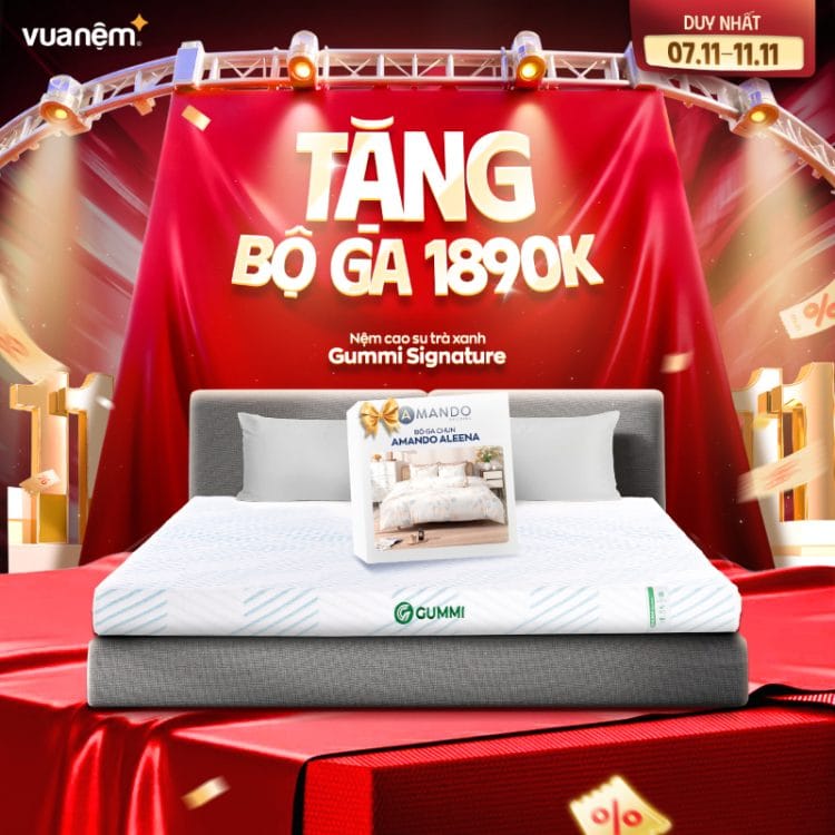 Mua nệm cao su trà xanh Gummi Signature tặng bộ giá 1.890k