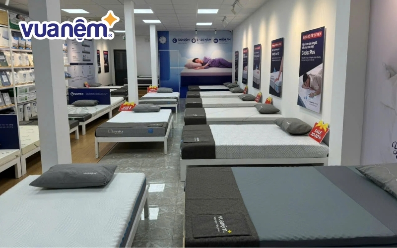 Không gian trưng bày sản phẩm bên trong cửa hàng Vua Nệm