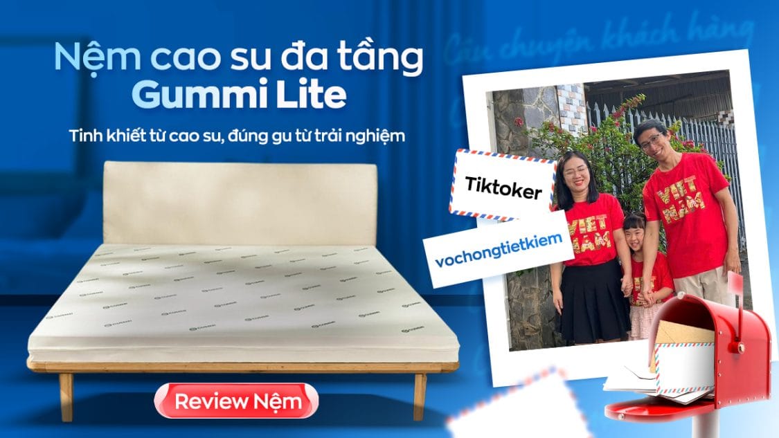 Tiktoker Vochongtietkiem review nệm cao su Gummi Lite giá mềm, nệm êm