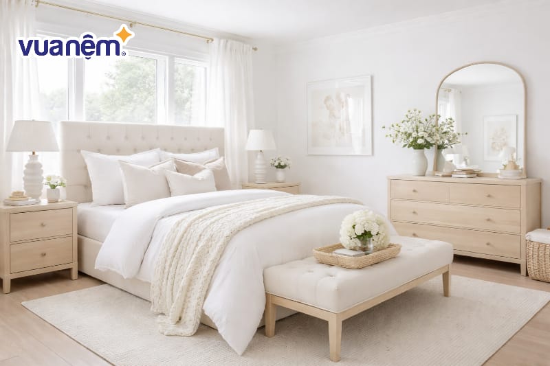 Trang trí phòng ngủ sử dụng tông màu trắng chủ đạo